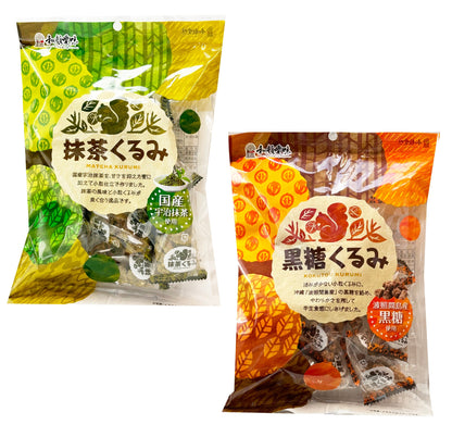 ICHIEI FOODS Walnut Snack packaging, featuring brown sugar and matcha coated walnuts, individually wrapped, 2 flavors.