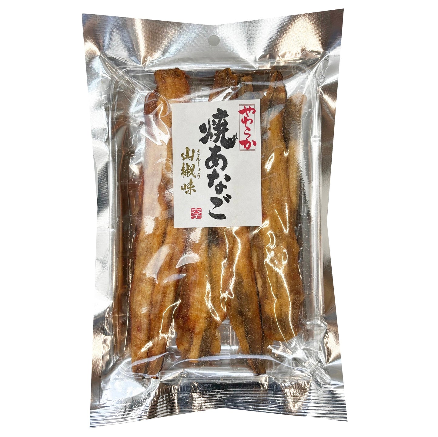 Packaged soft roasted conger eel seasoned with sansho Japanese pepper, softened and fluffed. Contains wheat, soybean, and fish.