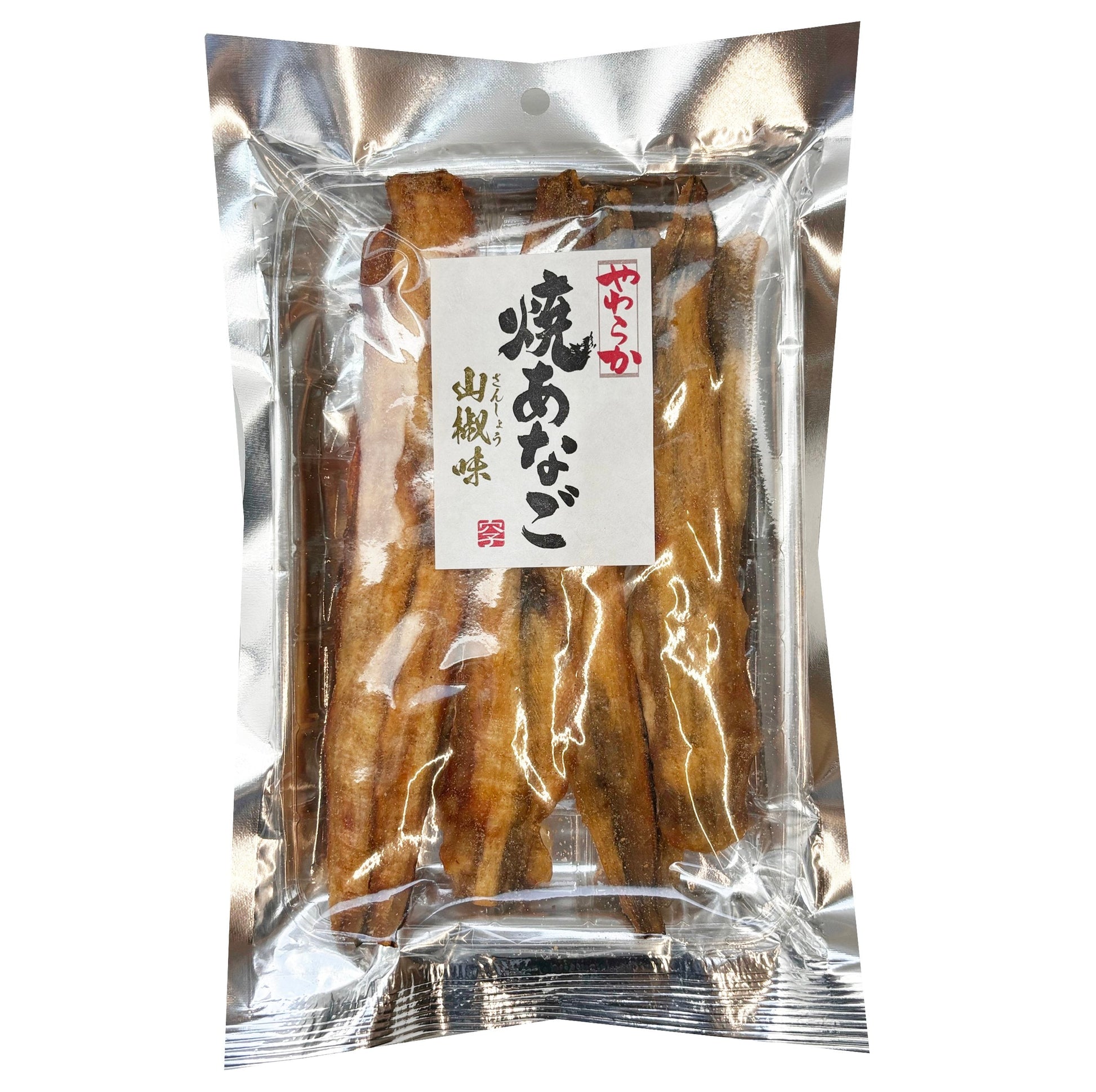 Packaged soft roasted conger eel seasoned with sansho Japanese pepper, softened and fluffed. Contains wheat, soybean, and fish.