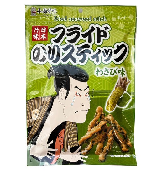 Fried Seaweed Stick Snack with wasabi flavor in green packaging, featuring a traditional Japanese illustration and crunchy texture.