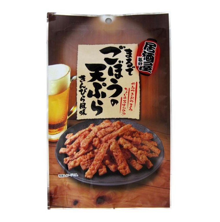 Snacks Like Burdock Tempura with Kinpira flavor in packaging, showing crispy cod sheet snacks next to a drink, Japanese text displayed.