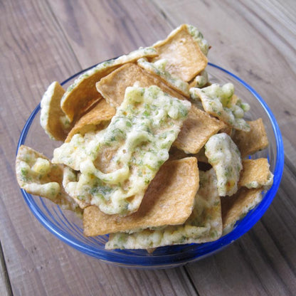 A bowl of battered and deep-fried cod sheets, resembling Isobe fried Chikuwa, a deep-fried fish sausage with seaweed flavor.