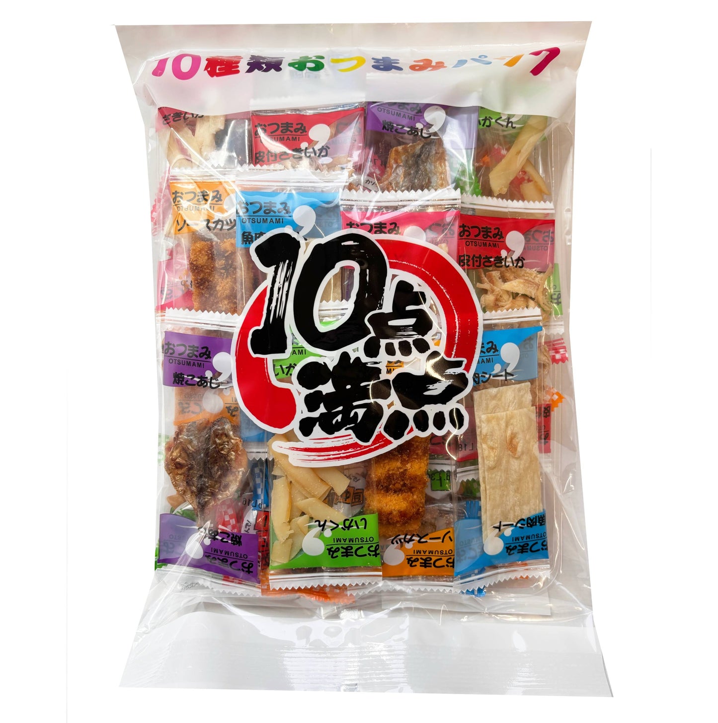 Assorted Otsumami snack pack with 10 types, including bean confectionery and delicacies; allergens: peanut, wheat, egg, dairy, and more.