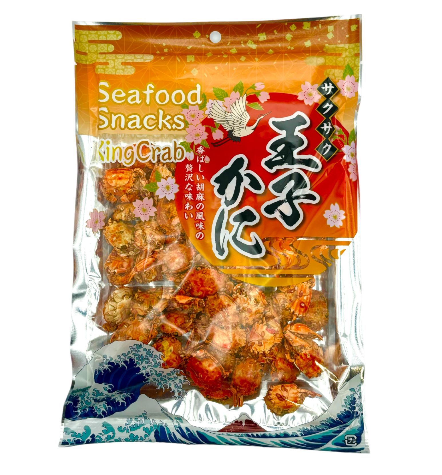 Bag of ICHIEI FOODS Seafood Baby Crab Snack with akaishi crabs in savory sesame flavor packaging, featuring Asian design elements.