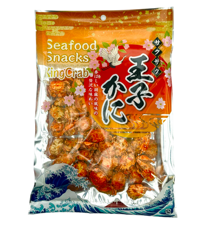 Bag of ICHIEI FOODS Seafood Baby Crab Snack with akaishi crabs in savory sesame flavor packaging, featuring Asian design elements.