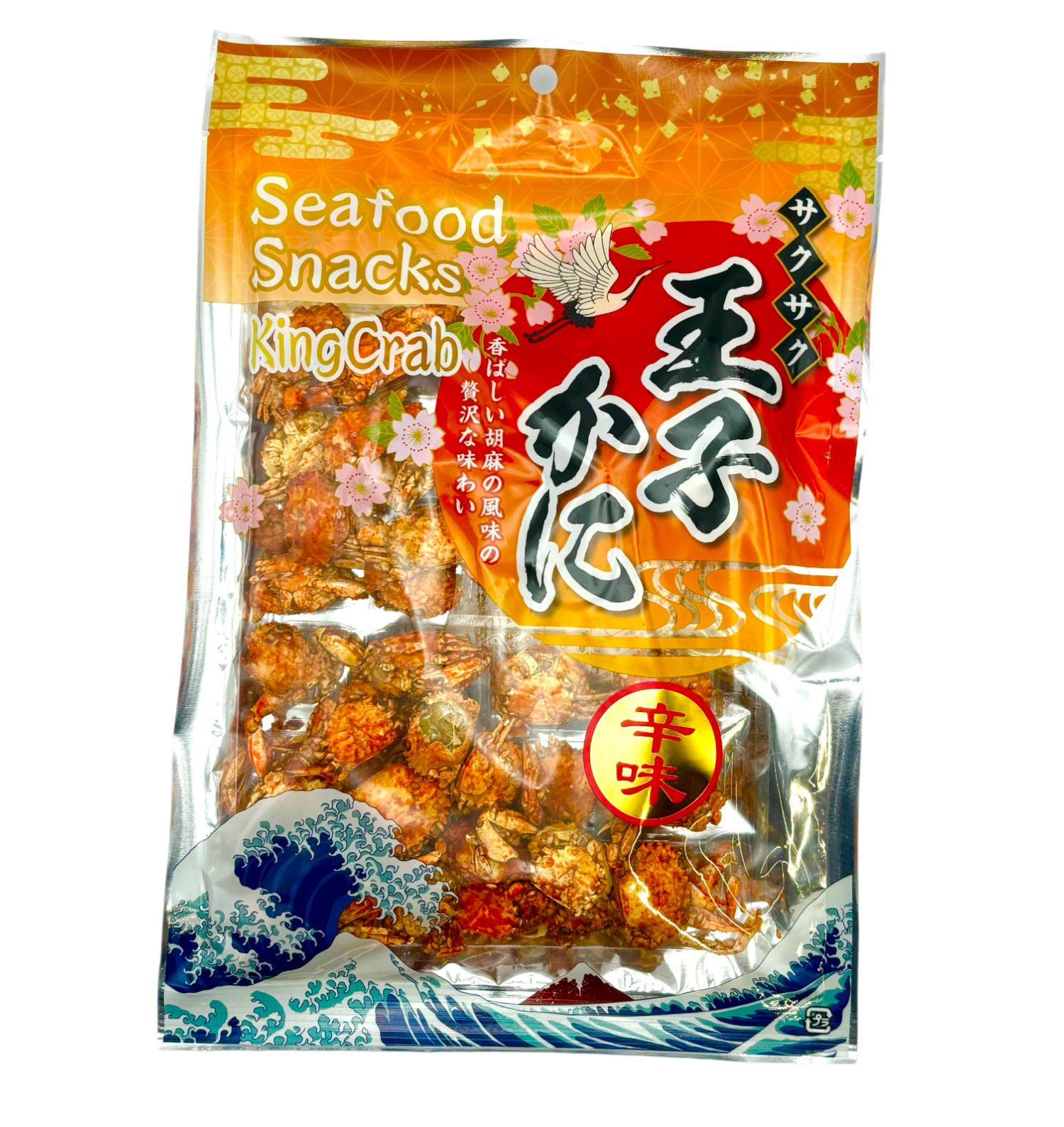 ICHIEI FOODS Seafood Baby Crab Snack – Fresh akaishi crab in spicy sesame flavor, packaging includes allergen information: crab, wheat, sesame.