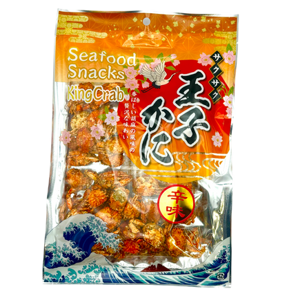 ICHIEI FOODS Seafood Baby Crab Snack – Fresh akaishi crab in spicy sesame flavor, packaging includes allergen information: crab, wheat, sesame.