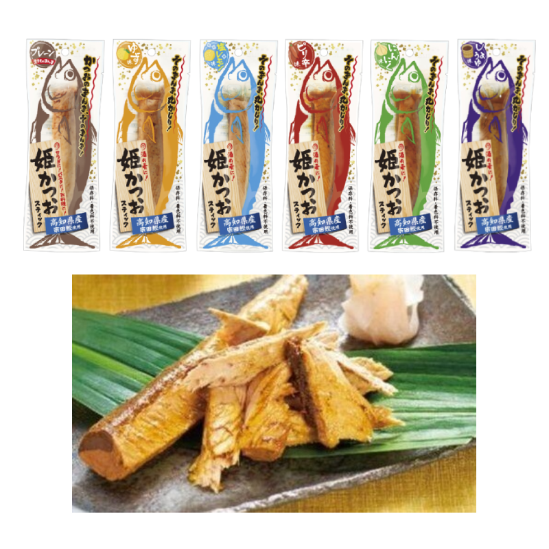 Assorted flavored seasoned bonito sticks and plated seasoned fish pieces on a decorative leaf, ideal for salads and pasta dishes.
