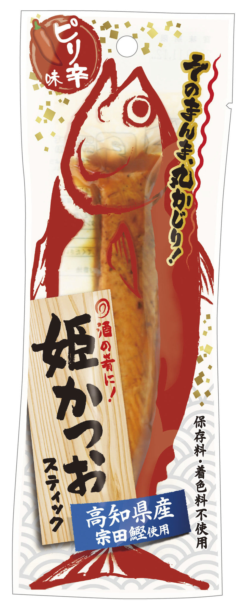 Seasoned bonito stick in packaging, with illustration of fish. No preservatives. Ideal for salads, pasta, and various dishes.