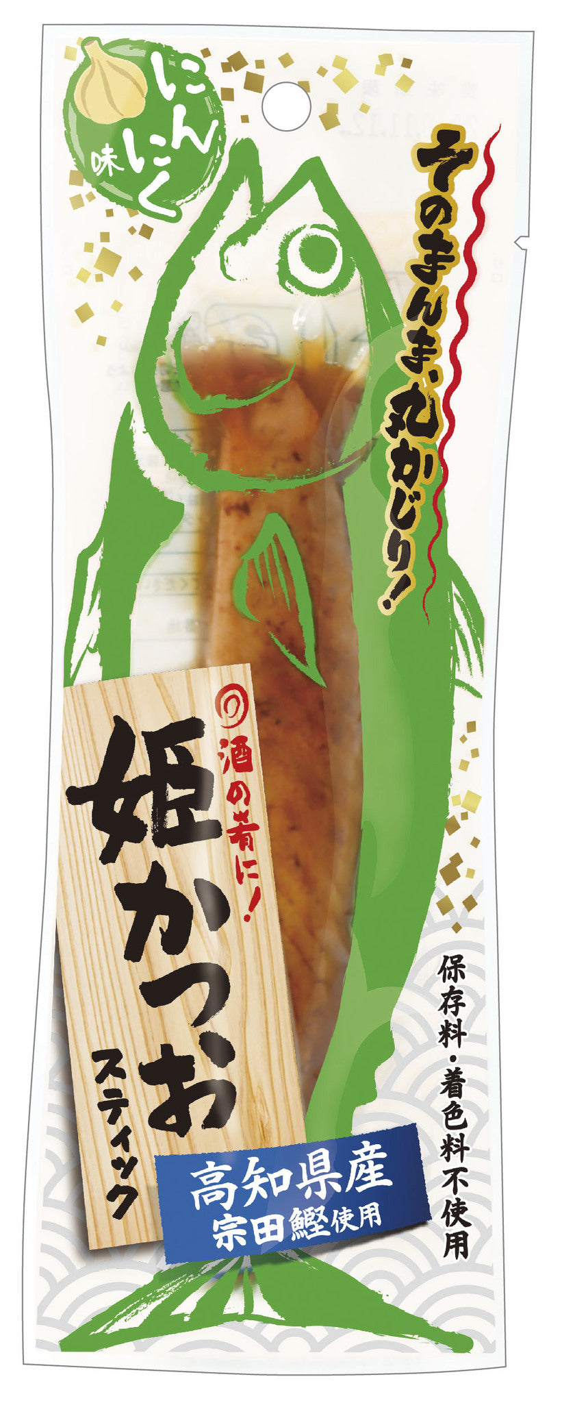 Seasoned Bonito Stick packaging featuring traditional design, highlighting all-natural ingredients and the fish's preserved flavor.