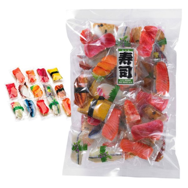Bag of sushi rice crackers featuring two flavors: Nikiri soy sauce and wasabi soy sauce. Contains wheat, pork, and soybean allergens.