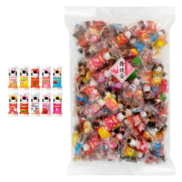 Bag of Maiko Chocolate Balls with colorful kimono designs, featuring white chocolate with a 13mm diameter. Contains dairy and soy allergens.