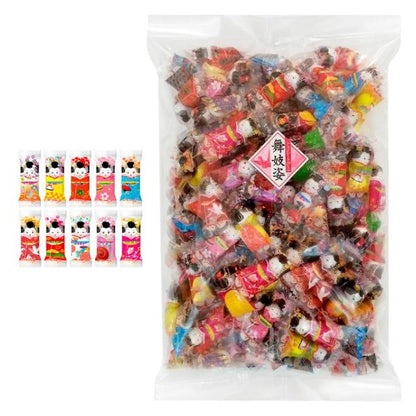 Bag of Maiko Chocolate Balls with colorful kimono designs, featuring white chocolate with a 13mm diameter. Contains dairy and soy allergens.