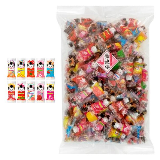 Bag of Maiko Chocolate Balls with colorful kimono designs, featuring white chocolate with a 13mm diameter. Contains dairy and soy allergens.