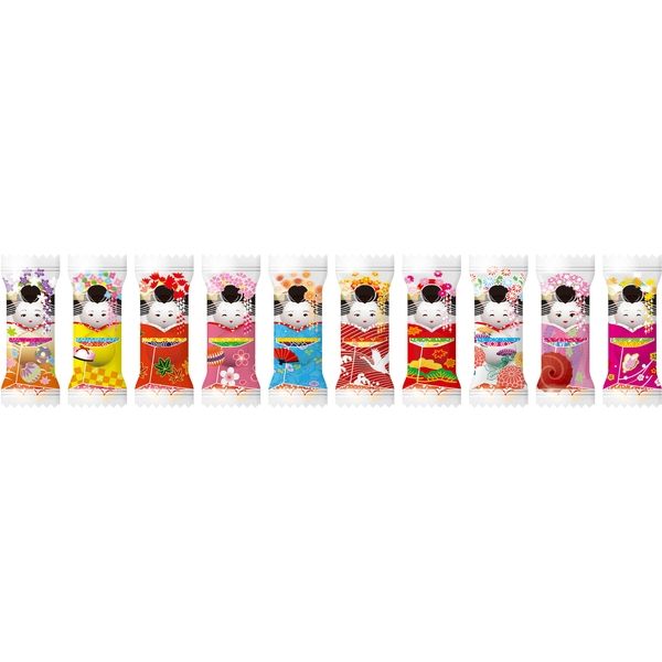 Assorted Maiko Chocolate Balls in 10 colorful kimono designs, with dairy and soybean allergens. 13mm white round chocolates.
