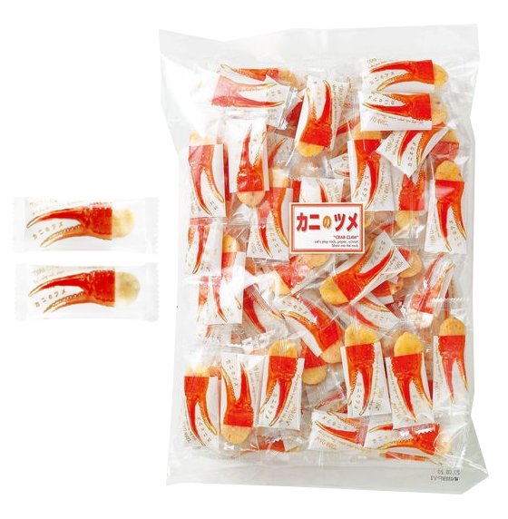 Pack of crab claw rice crackers with salad flavor, highlighting common allergens: wheat, shrimp, crab, soybean, gelatin, seafood.