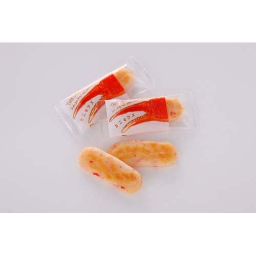 Crab claw rice crackers in packaging, seasoned with familiar salad flavor, highlighting allergens like wheat, shrimp, and crab.