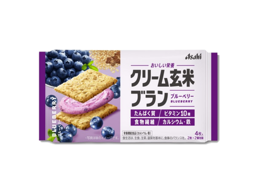 Asahi Cream Brown Rice Blanc with blueberry cream, featuring protein, vitamins, fiber, calcium, and iron; packs four pieces.