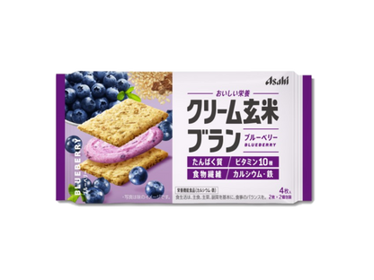 Asahi Cream Brown Rice Blanc with blueberry cream, featuring protein, vitamins, fiber, calcium, and iron; packs four pieces.