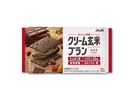 Asahi Cream Brown Rice Blanc with cacao flavor, featuring a nutritious snack containing vitamins, protein, and dietary fiber, 4 pieces.
