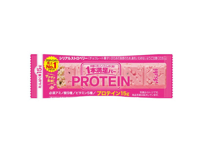 Ippon Manzoku Protein Strawberry Chocolate Bar packaging showcasing 15g protein content and cereal inclusion, pink wrapper.