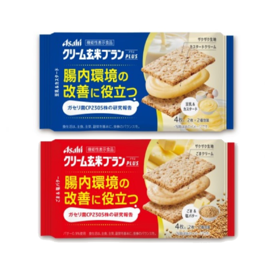 Asahi Cream Brown Rice Blanc Plus with Probiotics for Gut Health, featuring functional dietary fibers and vitamins, 4 packs shown.