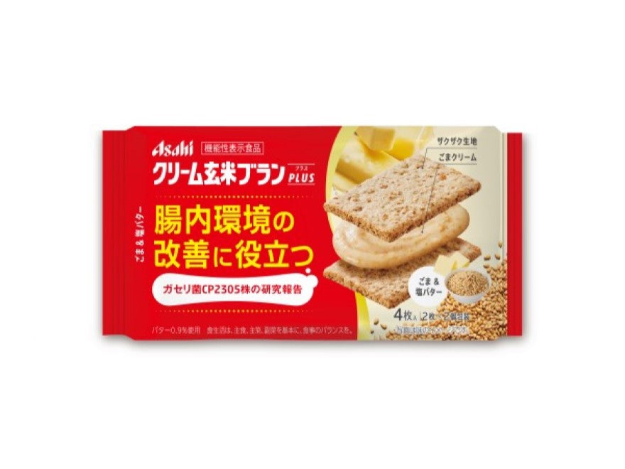 Asahi Cream Brown Rice Blanc Plus with Probiotics for Gut Health, featuring Sesame & Salt Butter flavor, rich in vitamins and minerals.