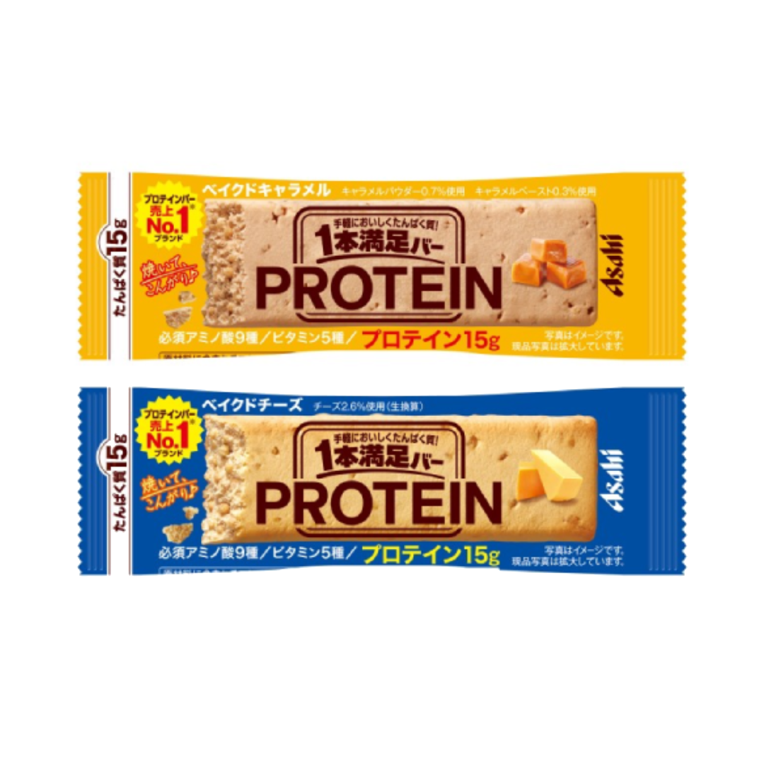 Ippon Manzoku Protein Bars in Baked Caramel and Cheese flavors, featuring 15g protein, amino acids, and vitamins; wheat, dairy, soy allergens.