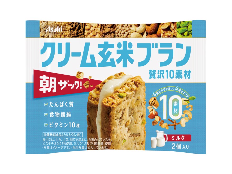 Asahi Cream Brown Rice Blanc with creamy milk filling and rich cereal-nut blend, featuring a crunchy and crispy texture, two pieces per pack.