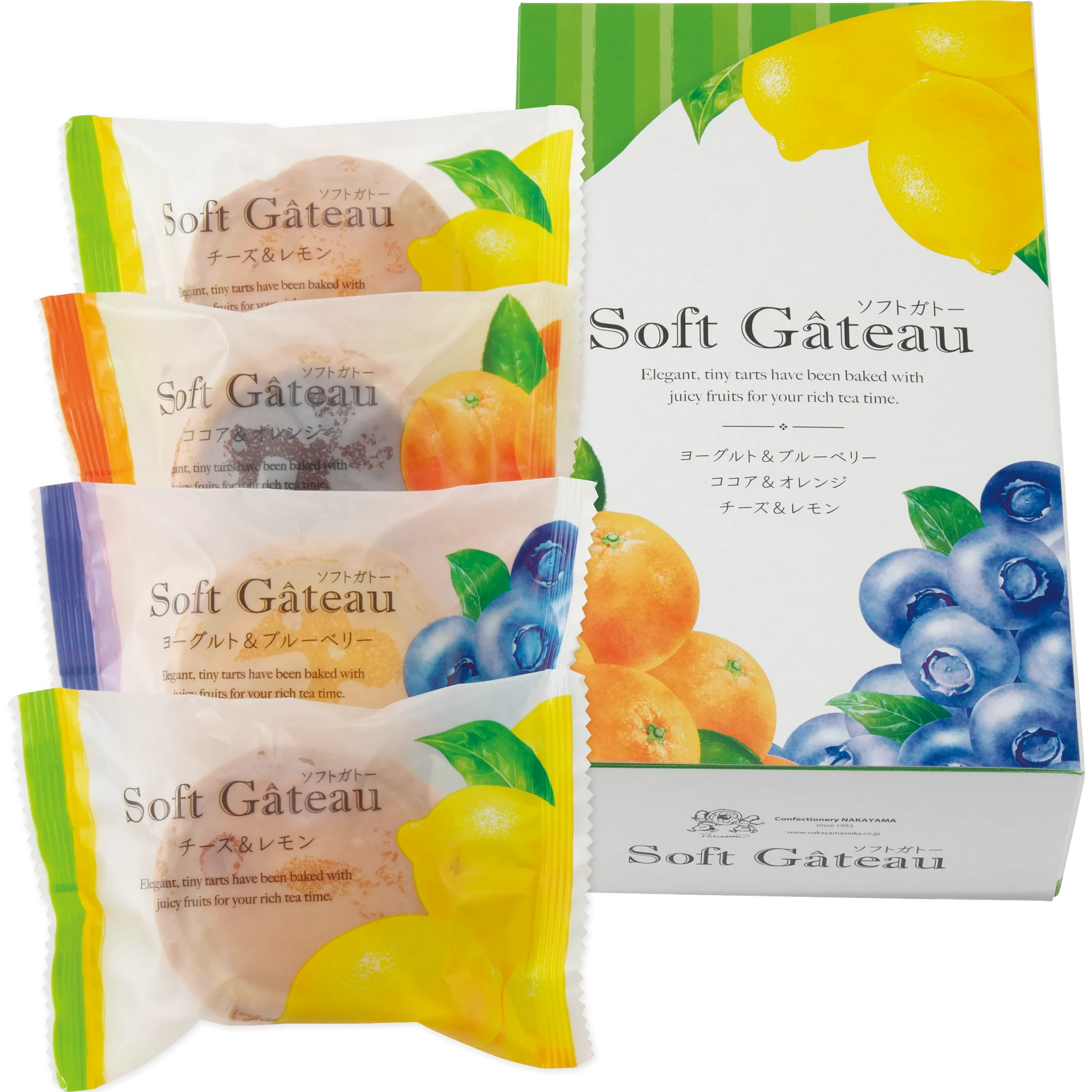 Assorted Soft Gateau Tarte Cakes with Fruits, Cheese, Yogurt, and Cocoa, in a colorful package. Contains allergens and alcohol.