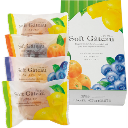 Assorted Soft Gateau Tarte Cakes with Fruits, Cheese, Yogurt, and Cocoa, in a colorful package. Contains allergens and alcohol.