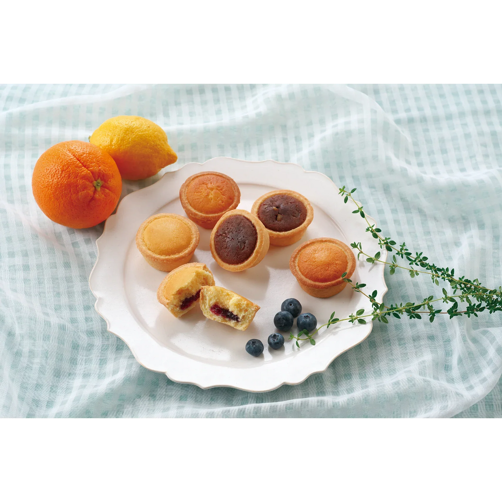 Assorted soft gateau tarte cakes with cheese, yogurt, and cocoa dough on a plate, surrounded by oranges and lemons.