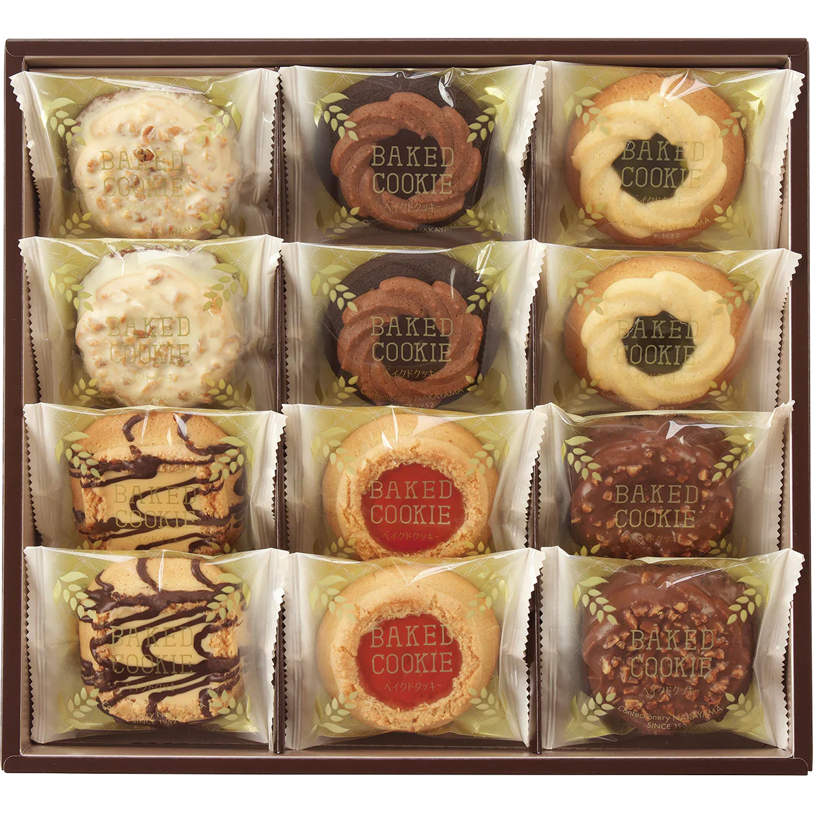 Baked Cookie Assortment in a box, featuring chocolate and fruit jam decorations, perfect for a nostalgic and rustic dessert gift.