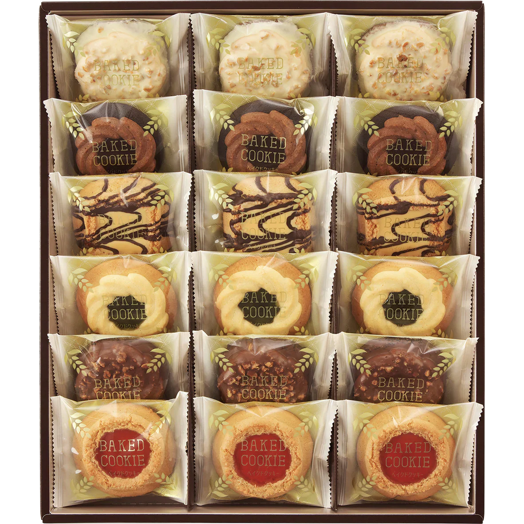 Assorted baked cookies in a box, featuring a variety of decorated treats with chocolate and fruit jam, rustic and nostalgic.