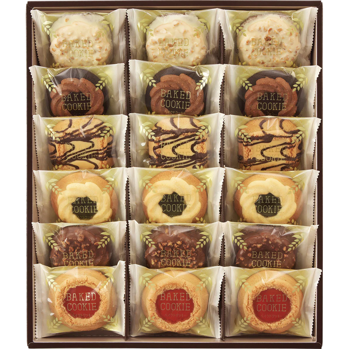Assorted baked cookies in a box, featuring a variety of decorated treats with chocolate and fruit jam, rustic and nostalgic.