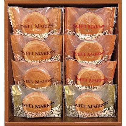Gift box of Sweet Marron Tart cakes with chestnut, brown sugar, maple, and caramel flavors; contains wheat, egg, dairy, almond, soybean.