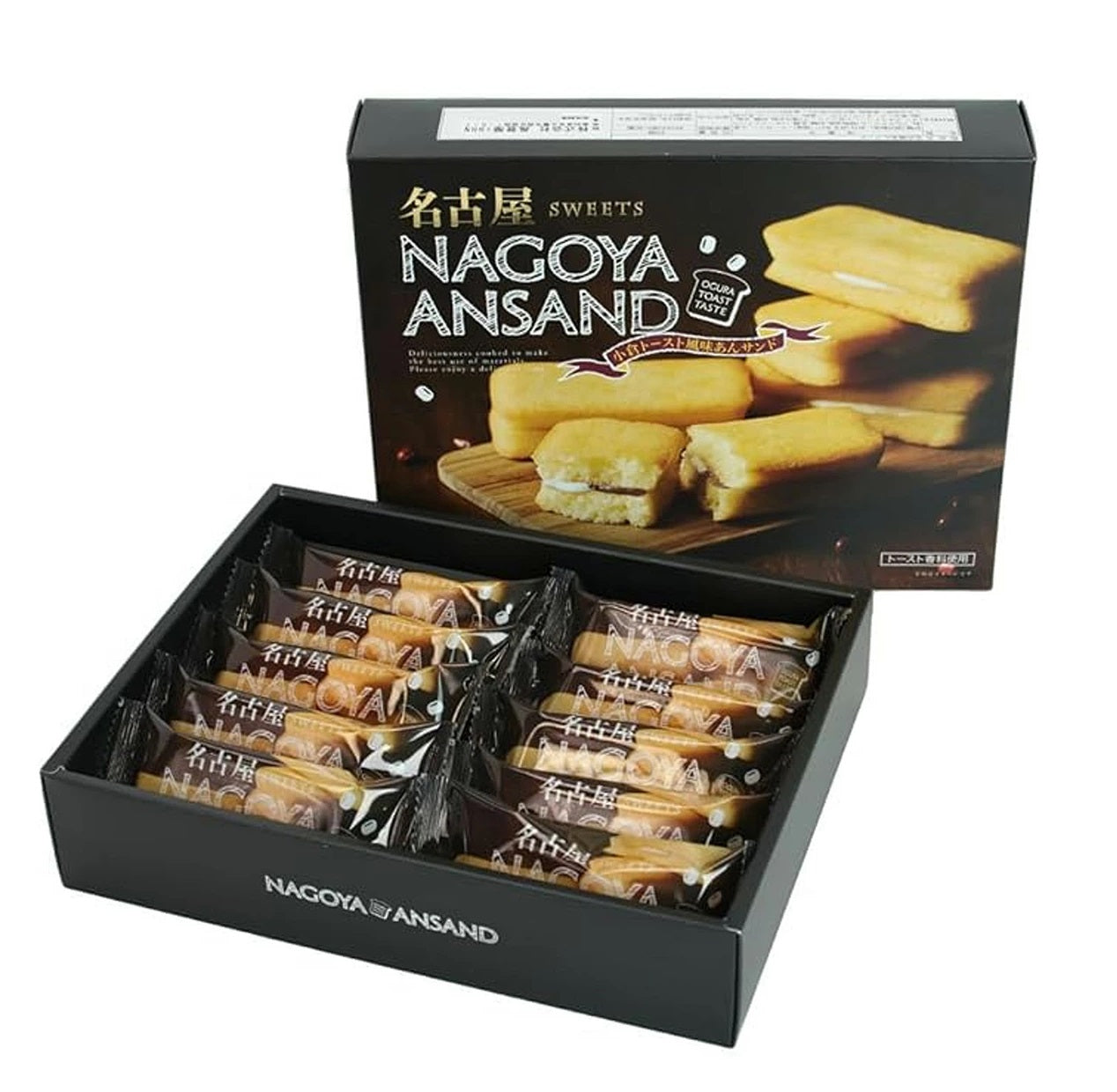 Box of Nagoya red bean sandwich cakes with soft cake, red bean paste, cream filling, and famous toast flavor. Contains egg, dairy, wheat.