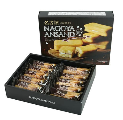 Box of Nagoya red bean sandwich cakes with soft cake, red bean paste, cream filling, and famous toast flavor. Contains egg, dairy, wheat.