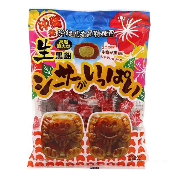 Okinawa Brown Sugar Candy in a colorful package featuring unique Shisa guardian lion design.