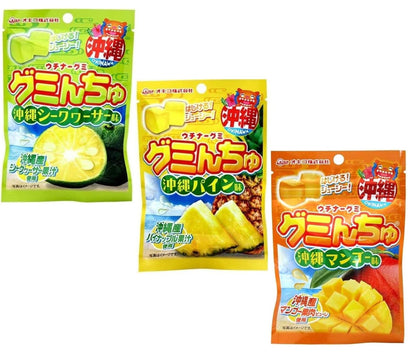 Okinawa Gummy Candy packs featuring tropical flavors: lemon, pineapple, and mango. Juicy chewy gummies with Okinawan fruit purees.