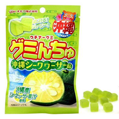 Okinawa Gummy Candy with Shikwasa flavor, featuring juicy gummies made from Okinawan juice in a vibrant green package.