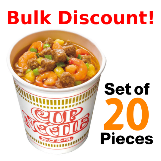 Ramen Cup Noodle Soy Sauce flavor, set of 20 pieces, featuring smooth noodles and original soup, bulk discount offer displayed.