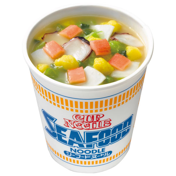 Cup of seafood instant noodles with colorful ingredients, part of a Japanese instant noodle set featuring diverse regional flavors.