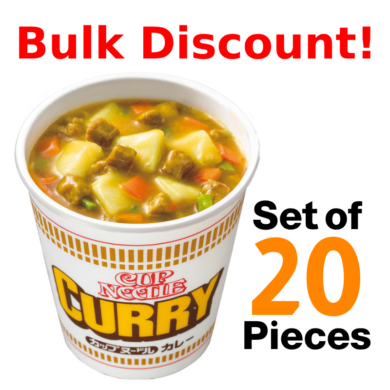 Ramen Cup Noodle Curry bulk 20-piece set with mild curry soup, chewy noodles, and vegetable sweetness. Bulk discount offer.