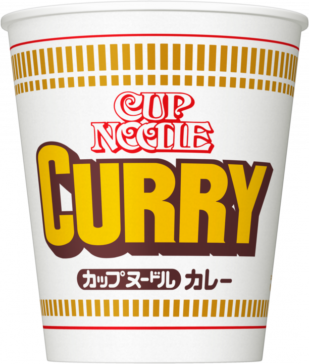 Nissin Ramen Cup Noodle Curry flavor with mild curry soup and chewy noodles, featuring bold packaging design.