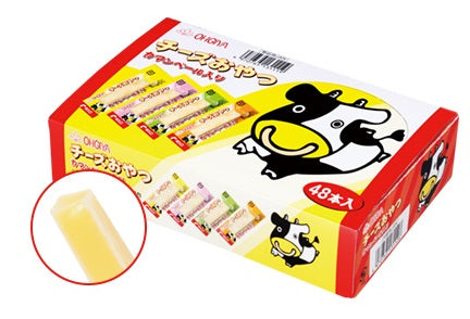Box of 48 Cheese Snack Sticks with Camembert and fish paste, highlighted cheese stick close-up; features cow mascot.
