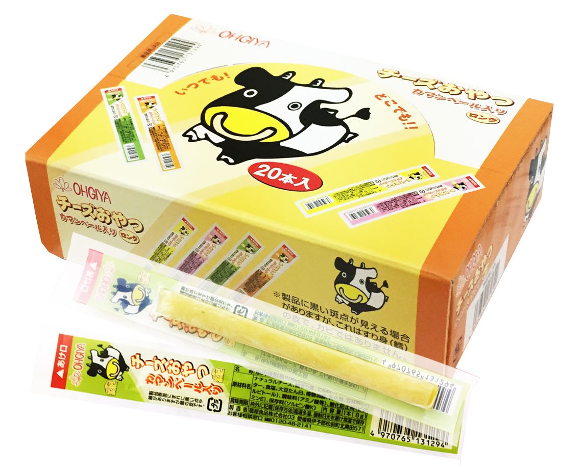 Cheese Oyatsu Long 20P with Camembert, fish paste, and common allergens dairy, wheat, soybean, fish. Packaging with cow illustration.