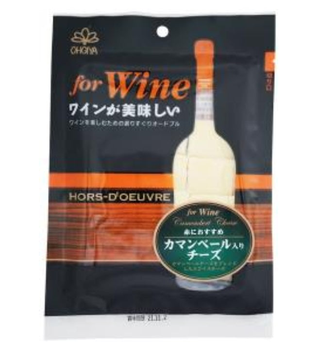 OHGIYA Camembert Flavored Cheese for Wine packaging with thinly sliced cheese image. Ideal with fruity wines. Contains dairy, fish, wheat, soybean.