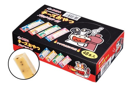 Cheese Snack Stick 48P box with various flavors including plain, almond, and black pepper, featuring Camembert cheese and allergens listed.