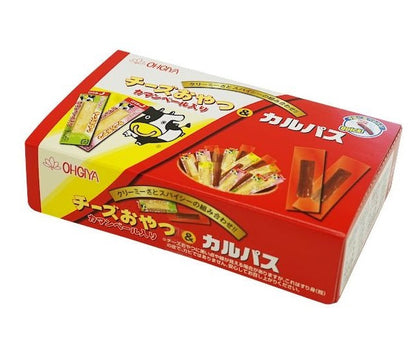Cheese Oyatsu & Calpas box featuring camembert cheese cod and spicy calpas for a flavorful snack, showing product packaging in red.